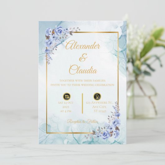 Elegant in Blau: Einladung mit Marmor a (Stehend Vorderseite)