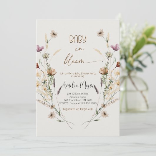 Elegant "In Bloom" Baby Shower Party Einladung (Stehend Vorderseite)