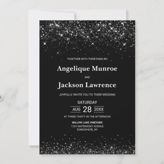 Elegant in einem Schwarzen Glitzer Hochzeit Einladung (Vorderseite)