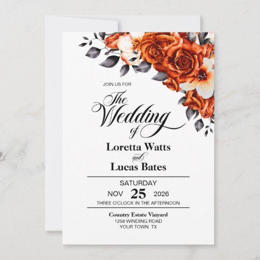 Elegant in einer orangen Rose Blumenhochzeit Einladung (Vorderseite)