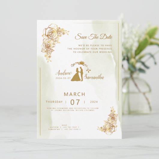 Elegant in Elfenbein, Gold und Grüne Hochzeit Einl Einladung (Stehend Vorderseite)