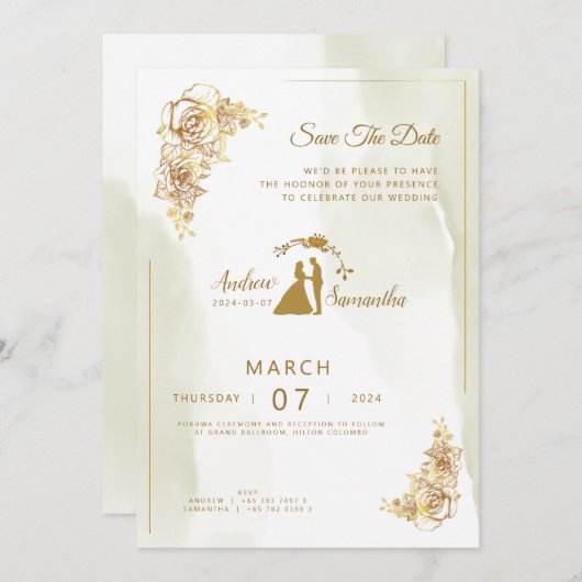 Elegant in Elfenbein, Gold und Grüne Hochzeit Einl Einladung (Vorne/Hinten)