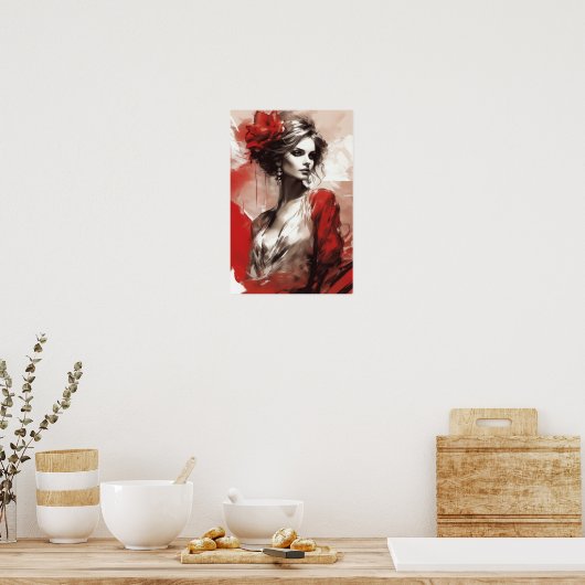 Elegant in Rot: Modefrau Portrait Moderne Kunst Poster (Küche)
