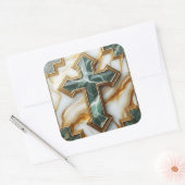 Elegant in Stone Golden Gerahmt Marmorkreuz Quadratischer Aufkleber (Umschlag)