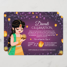Elegant Indian Girl Floating Lantern Purple Diwali Einladung