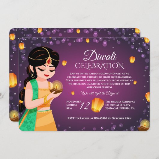 Elegant Indian Girl Floating Lantern Purple Diwali Einladung (Vorne/Hinten)