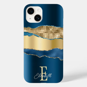 Elegant Indigo Blue Agate Gold Sequins Case-Mate iPhone 14 Hülle