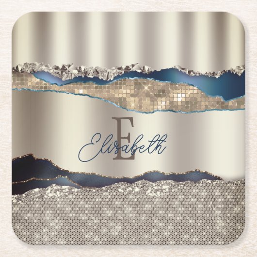 Elegant Indigo Blue Agate Sequins Rechteckiger Pappuntersetzer (Vorderseite)