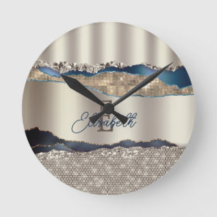 Elegant Indigo Blue Agate Sequins Runde Wanduhr