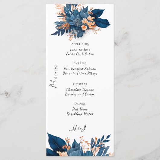 Elegant Indigo Rust Floral Boho Wedding Menükarte (Vorderseite)