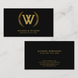 Elegant Initial | Golden Laurel Blätter auf Schwar Visitenkarte