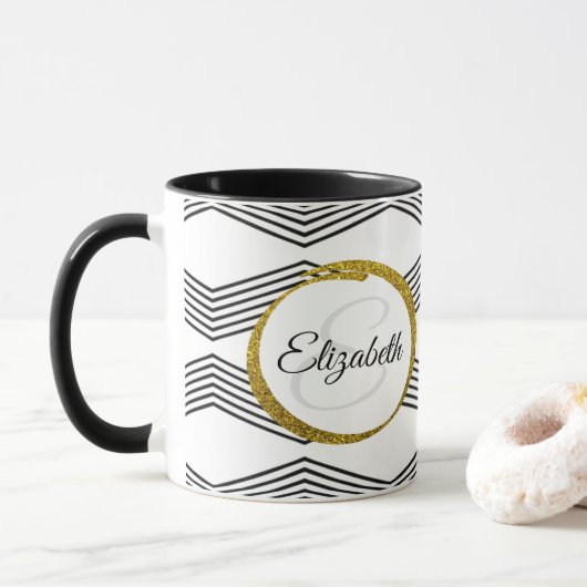 Elegant Initial Letter Monogram | Schwarz und Weiß Tasse (Mit Donut)