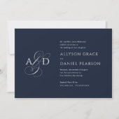 Elegant Initial Script Monogram Navy Blue Wedding Einladung (Vorderseite)