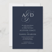 Elegant Initial Script Monogram Navy Blue Wedding Einladung (Vorderseite)