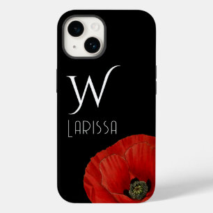 Elegant Initialed Red Poppy on Black Case-Mate iPhone 14 Hülle