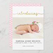 Elegant Introduction Baby Pink Polka dots Script Ankündigung (Vorne/Hinten)