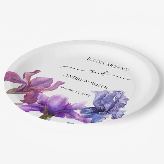 Elegant Iris Blume Hochzeit Pappteller (Schrägansicht)