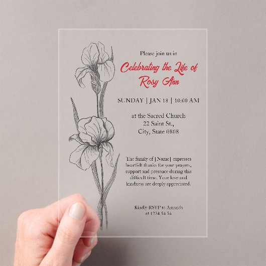 Elegant Iris "Celebrating the Life" Funeral Acryleinladungen (Insitu (Handheld))
