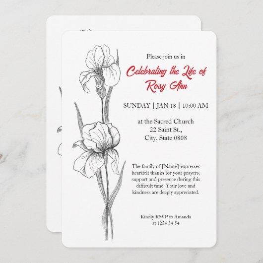 Elegant Iris "Celebrating the Life" Funeral Einladung (Vorne/Hinten)