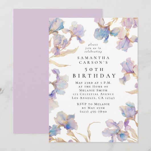 Elegant Iris Floral Watercolor Geburtstagsparty Einladung (Vorne/Hinten)
