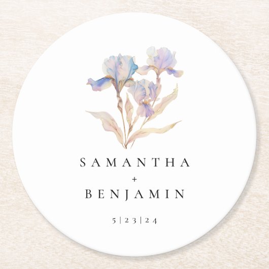 Elegant Iris Floral Watercolor Wedding Runder Pappuntersetzer (Vorderseite)