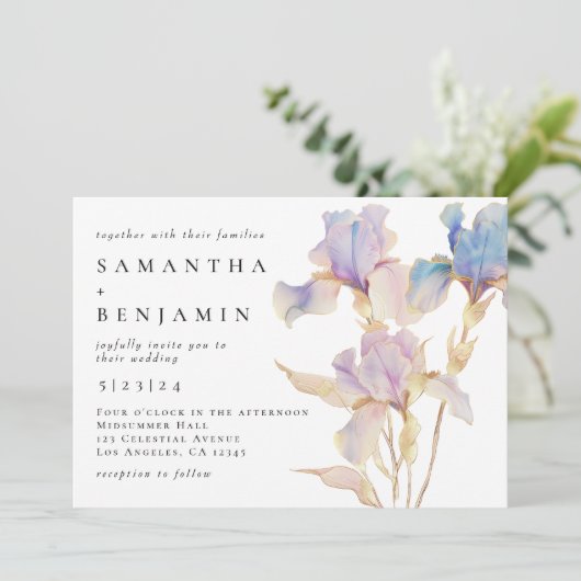 Elegant Iris Floral Wedding Einladung (Stehend Vorderseite)