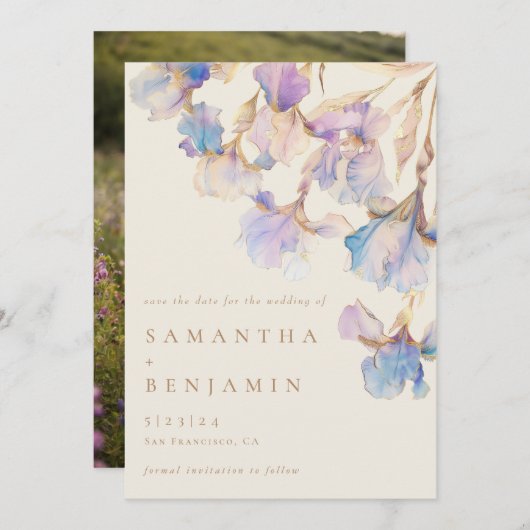 Elegant Iris Floral Wedding Foto Save The Date (Vorne/Hinten)