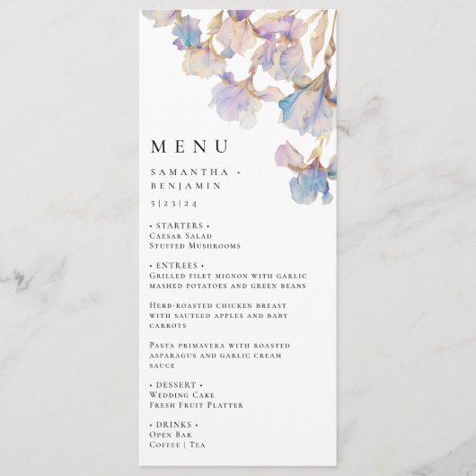 Elegant Iris Floral Wedding Menükarte (Vorderseite)