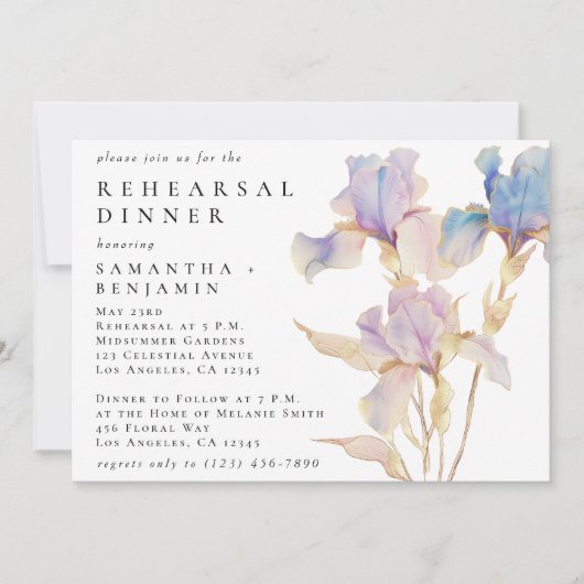 Elegant Iris Floral Wedding Probe Dinner Einladung (Vorderseite)