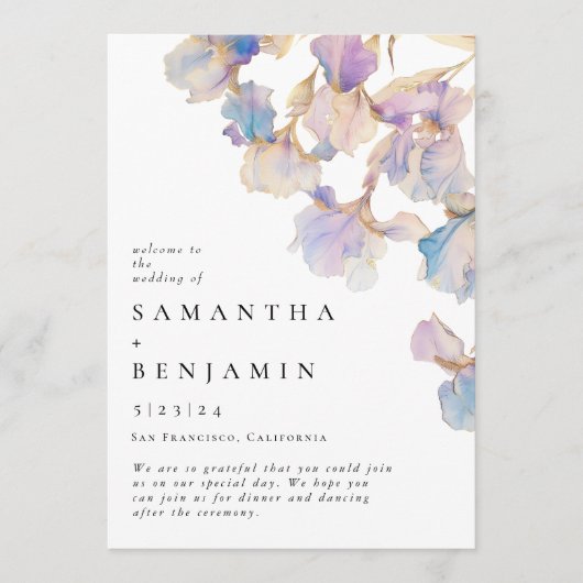 Elegant Iris Floral Wedding Programm (Vorderseite)