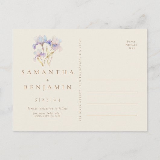 Elegant Iris floral Wedding Save the Date Postkarte (Rückseite)