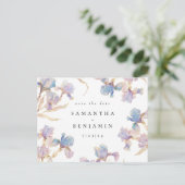 Elegant Iris floral Wedding Save the Date Postkarte (Stehend Vorderseite)