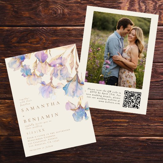 Elegant Iris QR Code Foto Wedding Einladung