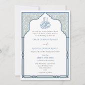 Elegant Islamic Blue Arch Ornate Arabesque Wedding Einladung (Vorderseite)