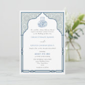 Elegant Islamic Blue Arch Ornate Arabesque Wedding Einladung (Stehend Vorderseite)