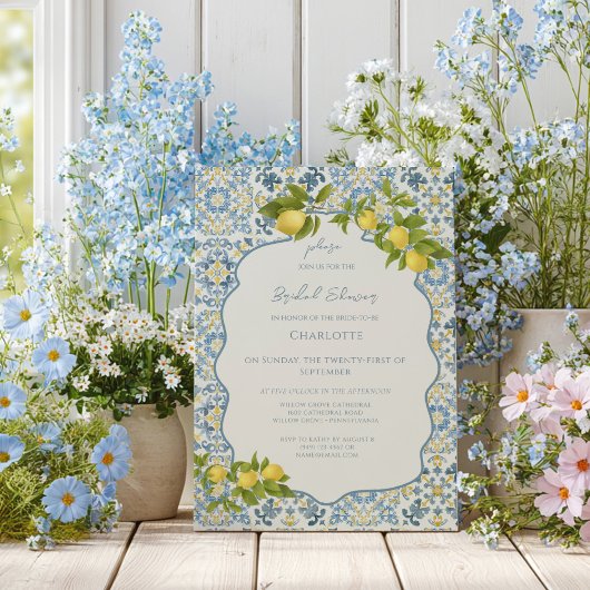 Elegant Italian Blue Tile Lemon Bridal Shower Einladung