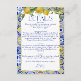 Elegant Italian Blue Tile Lemons Citrus Wedding Begleitkarte