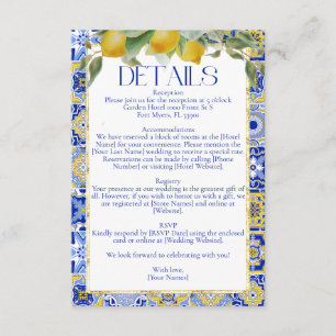 Elegant Italian Blue Tile Lemons Citrus Wedding Begleitkarte