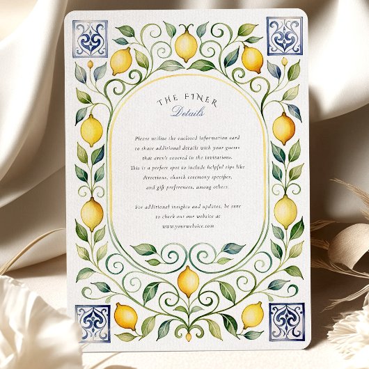 Elegant Italian Lemon & Blue Tile Wedding Einladung