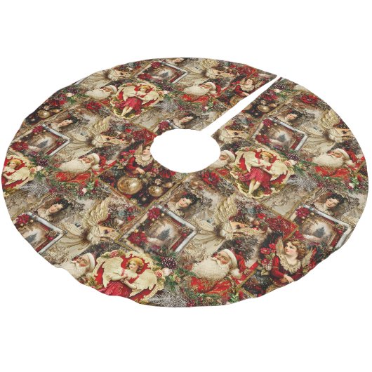 Elegant Ivory and Red Victorian Christmas Collage Polyester Weihnachtsbaumdecke (Schrägansicht)