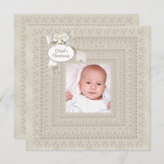 Elegant Ivory Beige Boy Foto Christening Einladung (Vorne/Hinten)
