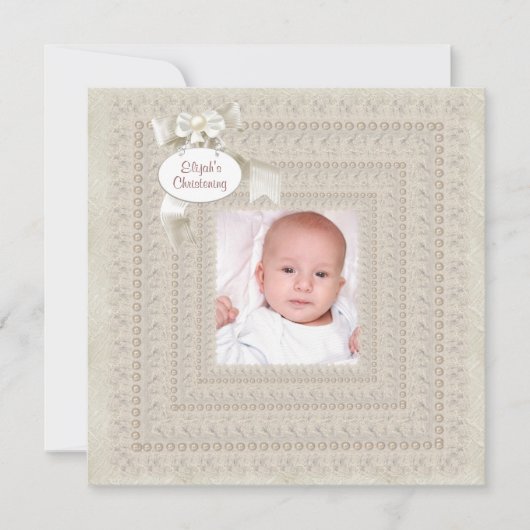 Elegant Ivory Beige Boy Foto Christening Einladung (Vorderseite)