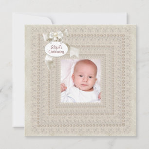 Elegant Ivory Beige Boy Foto Christening Einladung