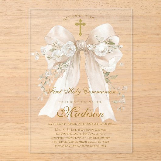 Elegant Ivory Bow First Holy Communion Girl Acryleinladungen (Vorderseite)
