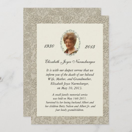 Elegant Ivory Damask Foto Death Ankündigung (Vorne/Hinten)