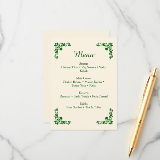 Elegant Ivory & Emerald Floral Wedding Menu Begleitkarte (Vorderseite/Rückseite Beispiel)