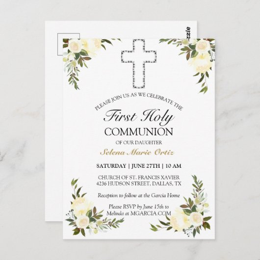Elegant Ivory Floral First Holy Communion Postcard Postkarte (Vorne/Hinten)