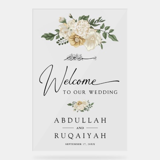 Elegant Ivory Floral Muslim Wedding Welcome Acrylschild (Vorderseite)