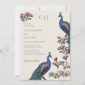 Elegant Ivory Floral Peacock Wedding Einladung (Vorderseite)