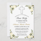 Elegant Ivory Floral Rose Erste Heilige Kommune Einladung (Vorderseite)